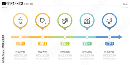 Circular pin infographic template or element with 5 step, process, option, colorful circle, tag, icons, button, label, arrow, paper origami, minimal style for sale slide, flowchart, workflow, success