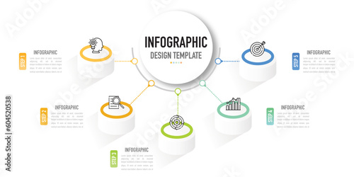 Circular isometric mind map infographic template or element with 5 step, process, option, colorful 3D circle, column, stage, button, bar, minimal, modern style for sale slide, flowchart, workflow, web