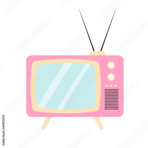 Retro classic tv with antenna. Vintage pink television.