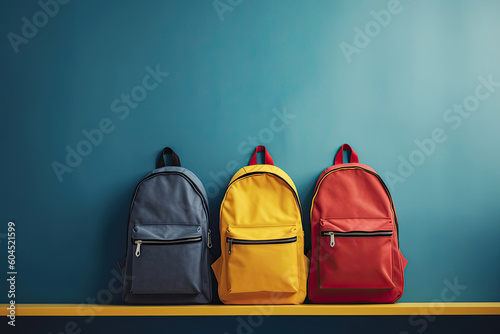 Three school backpacks, back to school concept, Generative AI