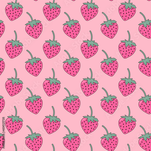 Strawberry seamless pattern on pink background. Cute background with pink berries.