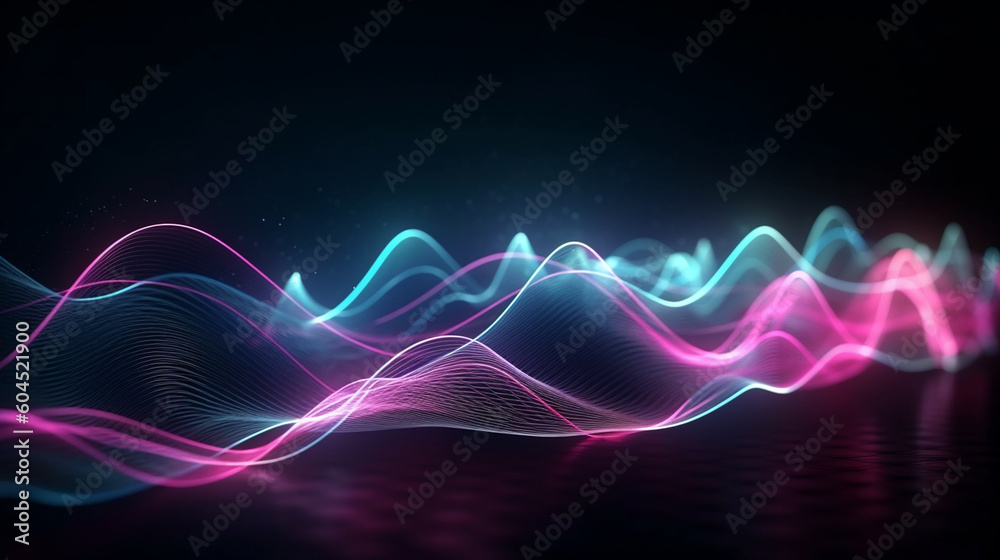 Blue purple wave line light gradient dark background. Generative Ai