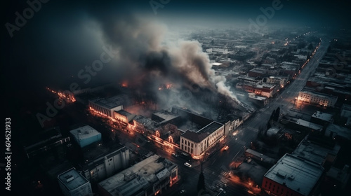  Aerial view. Ruined metropolis, City in fire and smoke. Generative Ai