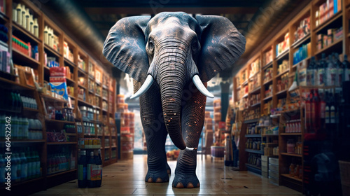 shopping in the supermarket with elephant created with Generative Ai technology