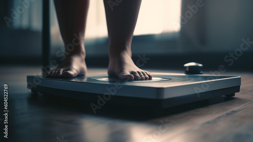 Woman measuring her weight using scales. Generative Ai