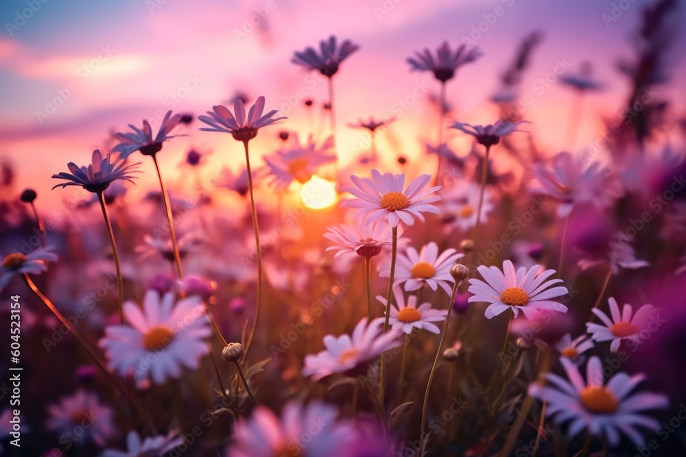 Flowers Meadow Daisies in Evening at Sunset
