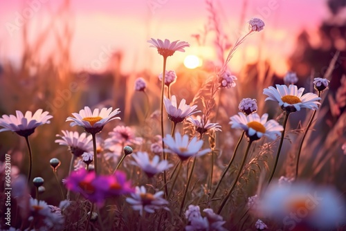 Flowers Meadow Daisies in Evening at Sunset