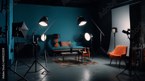Interior of modern photo studio with professional equipment. Generative Ai