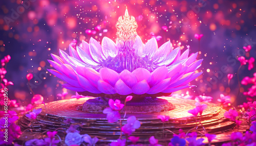 Light glowing lotus flower with pink illumination spiritual awakening enlightment meditation, wedding invitations, package. Futuristic and motion, Generative AI illustration