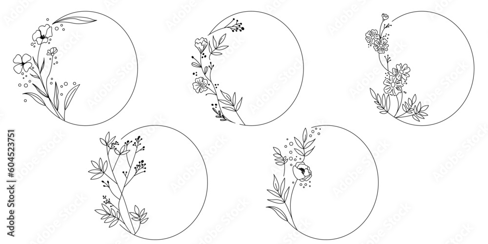 Natural flower wreath collection. Set of floral wreath for wedding, bridal, birthday and anniversary leaflet and templates. Vector illustration.