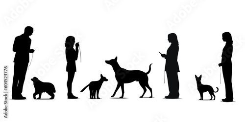 group of people walking with their dogs. Man and women standing with their dogs 