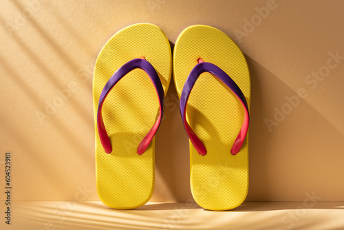 Fotografie Yellow flip flops with a palm leaves shadow