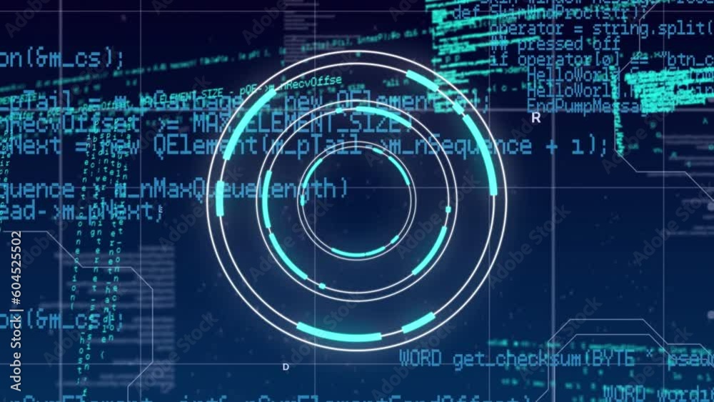 Animation of neon round scanner and data processing over grid network against blue background Animation of neon round scanner and data processing over grid network against blue background