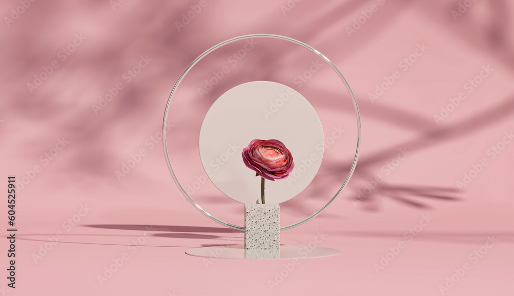 3D podium display, pastel pink, green background with rose flowers. Minimal pedestal for beauty, cosmetic product. Valentine, holiday, feminine copy space template 3d render
