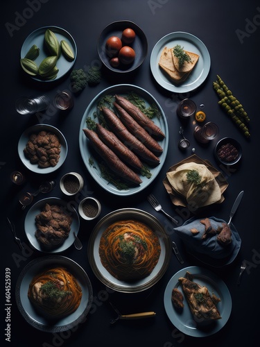 Illustration of a table set with a variety of dishes and condiments created with Generative AI technology