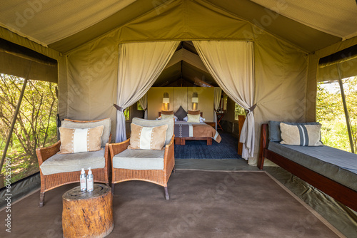 Interior of a luxury room in an expensive lodge, Mara Naboisho Conservancy, Kenya. photo