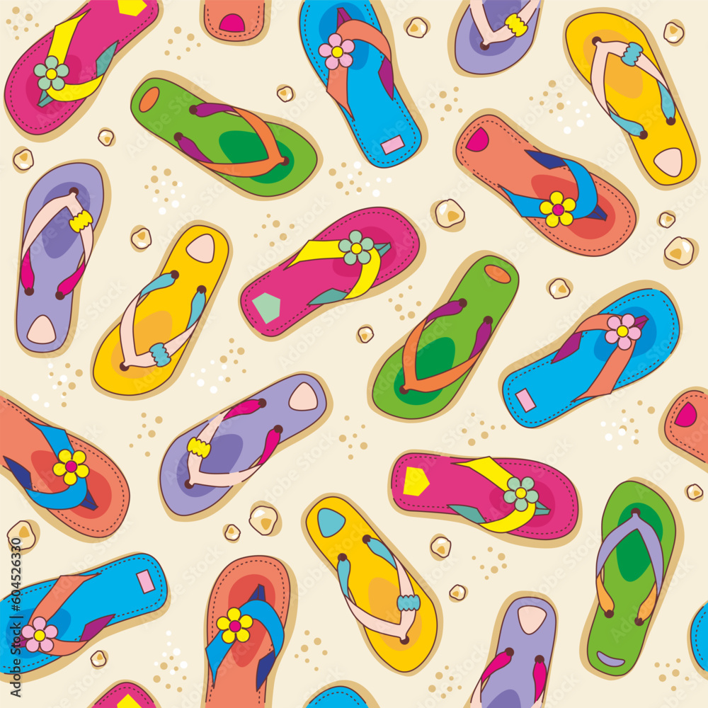Seamless (repeatable) flip-flops and beach sand pattern or background, wallpaper.
Seamless (repeatable) flip-flops and beach sand pattern or background, wallpaper.
