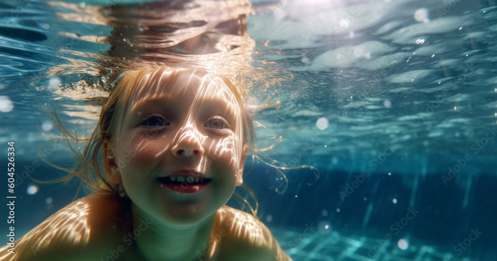 Happy kid have fun in swimming pool. swimming under water, Funny child swim, dive in pool jump deep down underwater from poolside. Healthy lifestyle, people water sport activity, swimming 