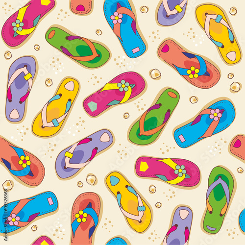 Seamless (repeatable) flip-flops and beach sand pattern or background, wallpaper. 