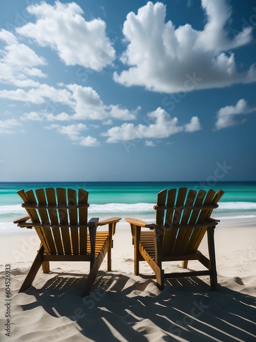 Illustration of two wooden chairs placed on a beautiful sandy beach with the ocean in the background created with Generative AI technology