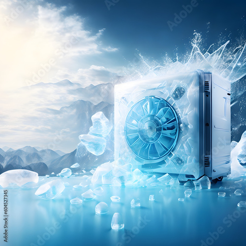 An air conditioner that envelops the whole ice, and it stands on frozen ice against the backdrop of mountains, in summer.Generated AI