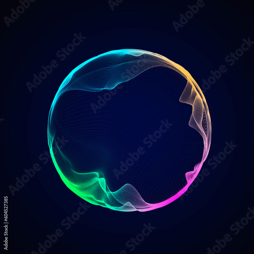 Spherical equalizer for music. Round sound wave of particles. Musical abstract colorful design element. 3D rendering.