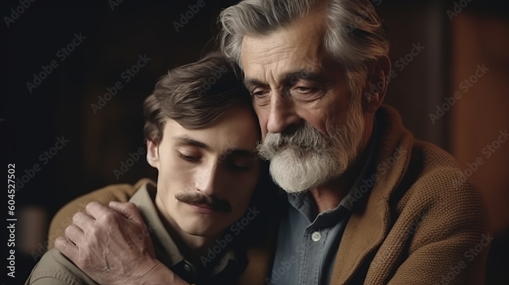 Young man with older father cuddling together. Happy Father day. Generative Ai