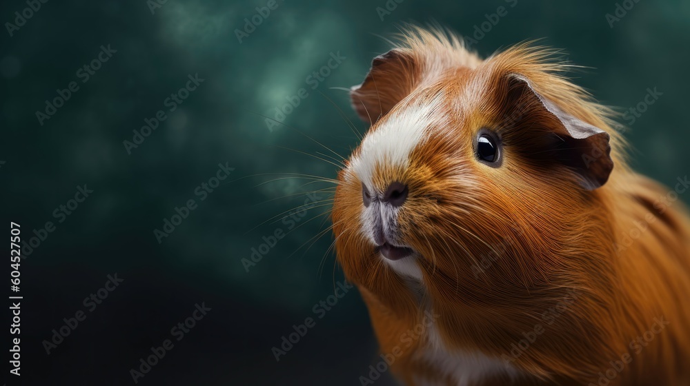 Head of furry Guinea Pig looking lateral with copy space for advertisement. space background for banner text. Generative AI Head of furry Guinea Pig looking lateral with copy space for advertisement. space background for banner text. Generative AI