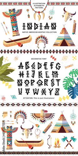 Native american indians and alphabet set, weapons and cultural symbols vector Illustrations