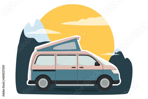 Camper van with a folding tent on the roof. Campervan against the backdrop of mountains and sunset. Design for logo, print, poster, banner, etc.