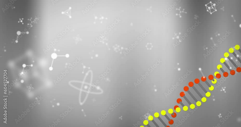 Animation of dna strand spinning and molecules on grey background Animation of dna strand spinning and molecules on grey background