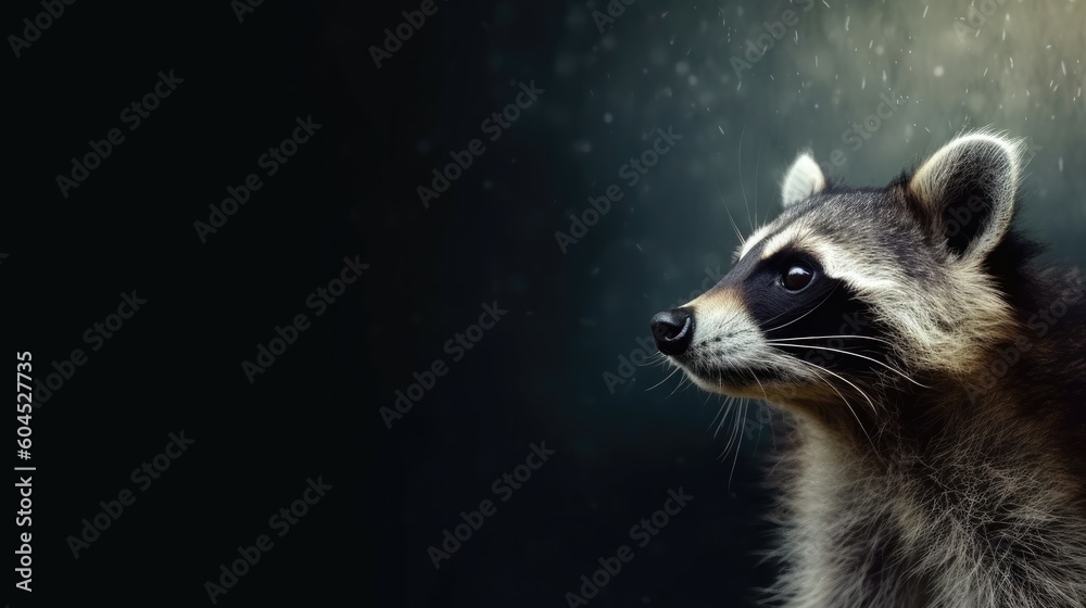 Head of furry Raccoon looking lateral with copy space for advertisement. space background for banner text. Generative AI