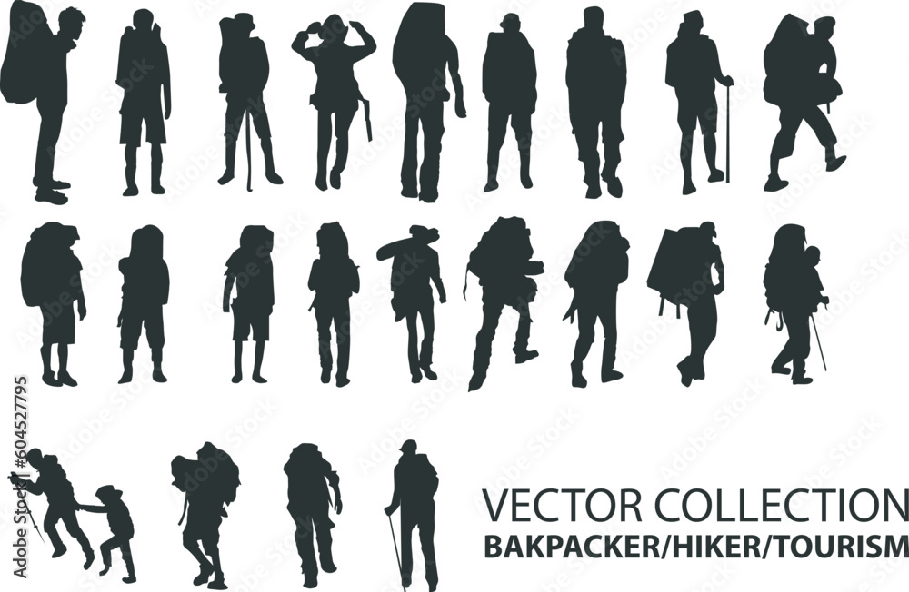 hiker, tourist, mountaineer, backpacker vector silhouettes collection on white background