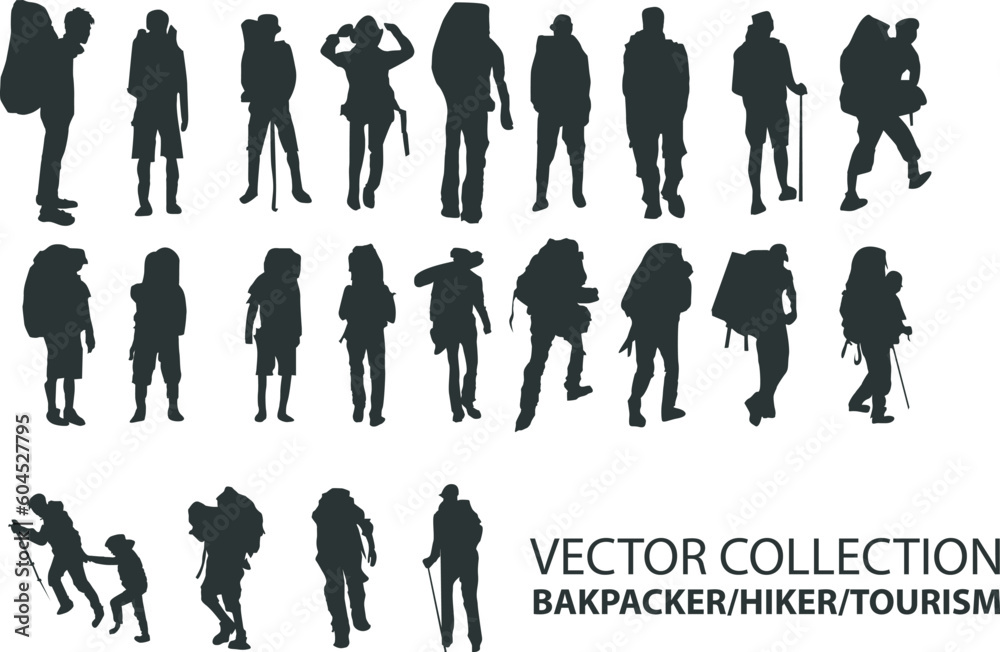 hiker, tourist, mountaineer, backpacker vector silhouettes collection on white background hiker, tourist, mountaineer, backpacker vector silhouettes collection on white background