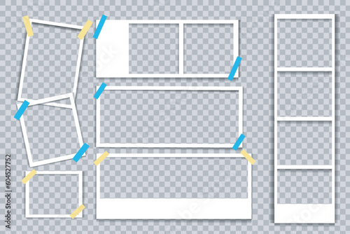 Photo booth picture frames. Vintage white empty, instant photos and photographs strips vector illustration Collection