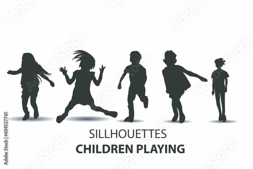 silhouettes of boys and girls playing, jumping and having fun