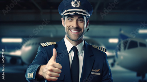 I love my job! Confident male pilot in uniform showing his thumb up and smiling while standing in front of airplane Generative AI