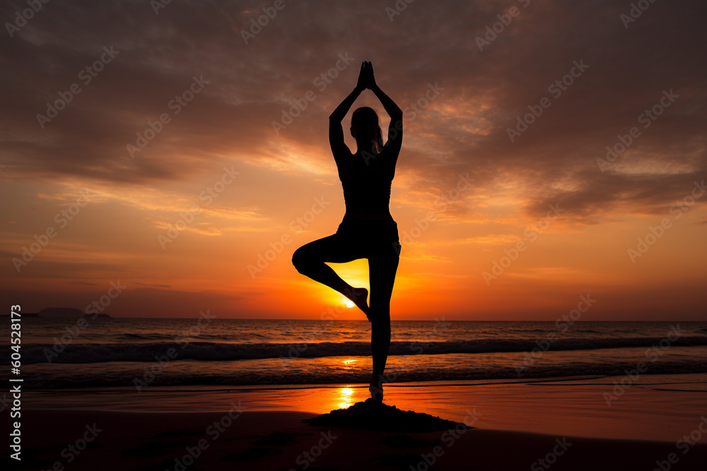 Silhouette of woman doing yoga at beach during sunset. Generative AI illustration