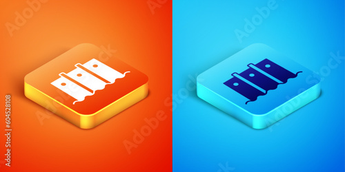 Isometric Hydroelectric dam icon isolated on orange and blue background. Water energy plant. Hydropower. Hydroelectricity. Vector
