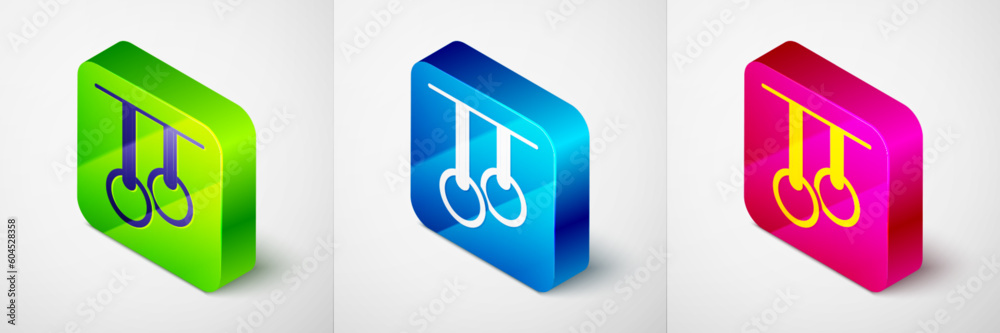 Isometric Gymnastic rings icon isolated on grey background. Playground equipment with hanging rope with rings. Square button. Vector