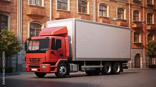Model of a red truck on the background of the street. AI generation