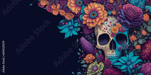 Skull with flowers and copy space suitable for banner or invitation