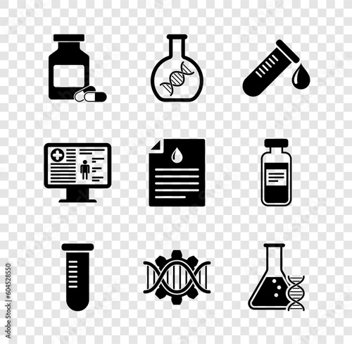 Set Medicine bottle and pills, DNA research, search, Test tube with drop of blood, or flask, Genetic engineering and icon. Vector