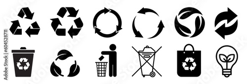 Set of symbols and signs for design of packaging products, information about the goods being transported and a sign of recycling, green symbols isolated on white background.