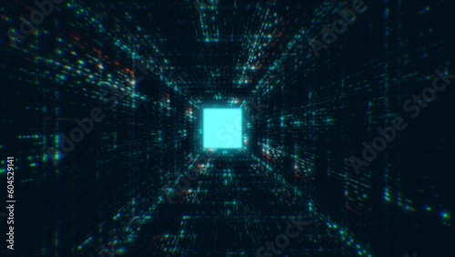 digital technologic tunnel. 3D render. Binary code particles network. Technological and connection