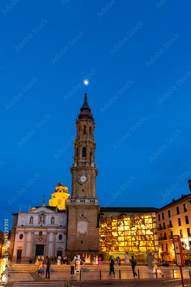Zaragoza, Spain - May 01, 2023: details of the main tower of the Zaragoza cathedral called La Seo in Zaragoza, Spain