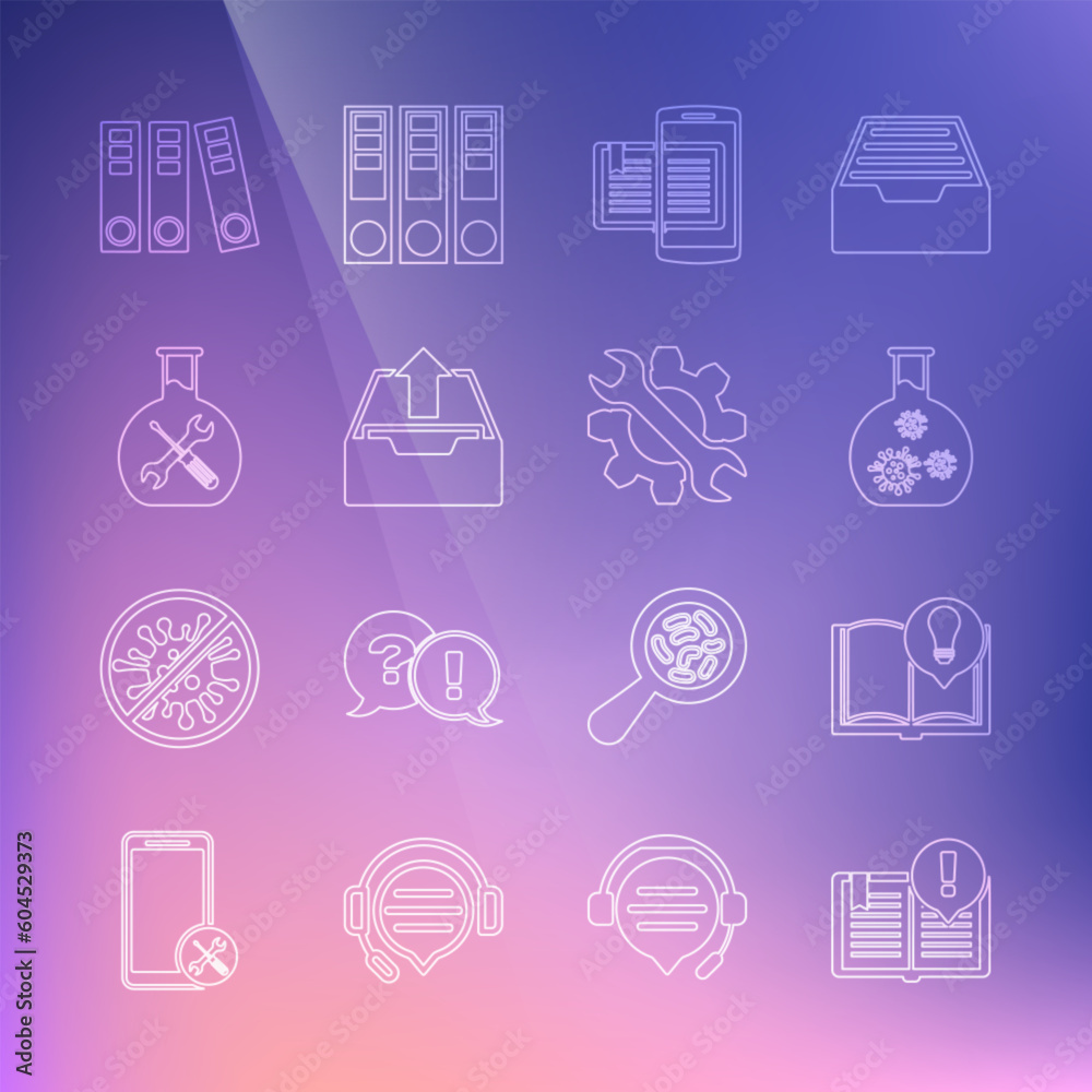 Set line Interesting facts, Test tube with virus, Smartphone and book, Upload inbox, Bioengineering service, Office folders and Wrench gear icon. Vector Set line Interesting facts, Test tube with virus, Smartphone and book, Upload inbox, Bioengineering service, Office folders and Wrench gear icon. Vector