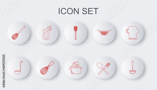 Set line Kitchen ladle, whisk, Crossed fork and spoon, Sponge with bubbles, and Cooking pot icon. Vector