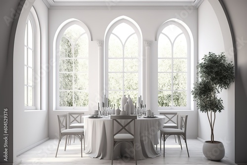 White dining room corner with arched windows. Modern living room with dining zone. luxury dinning room interior. Generative Ai. © AT