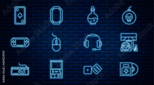 Set line CD or DVD disk in box, Racing simulator cockpit, Bottle with magic elixir, Computer mouse, Portable video game console, Playing card diamonds, Headphones and Poker icon. Vector